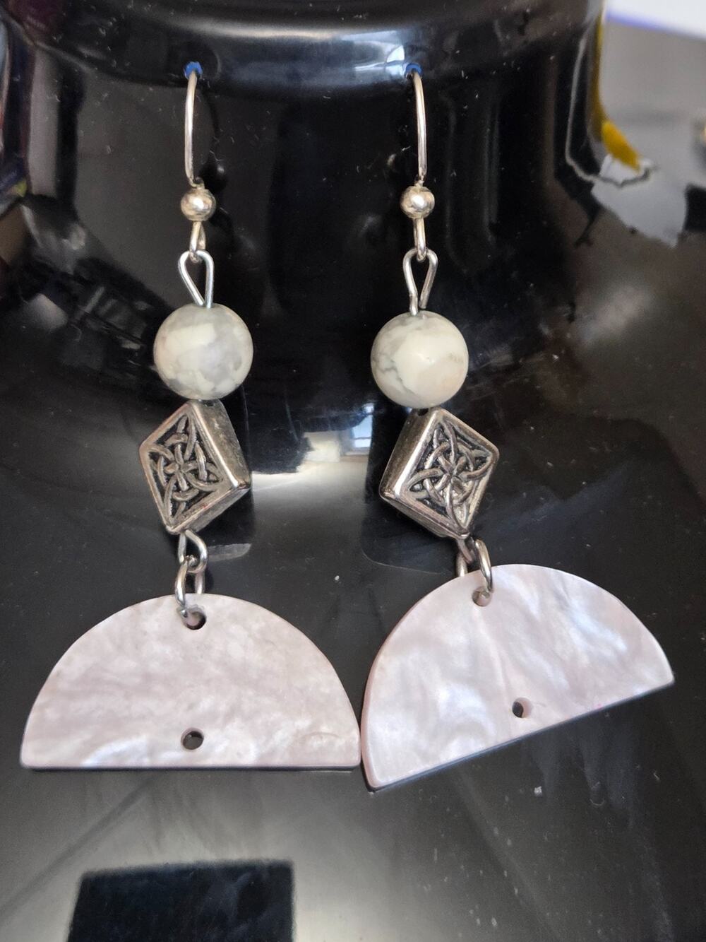 Light Pink & White Shell Semicircle Celtic Knot Dangle Earrings #EA6